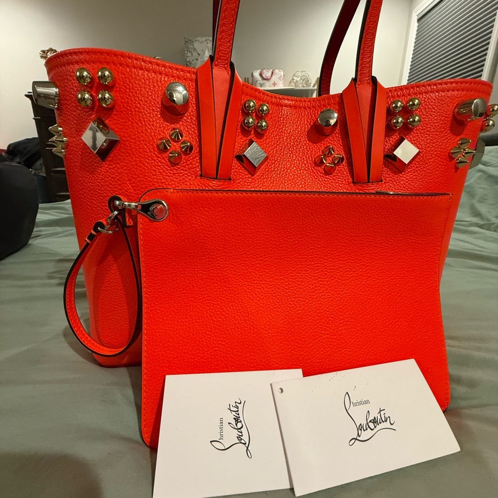 Christian Louboutin Vibrant Orange Studded Tote Bag